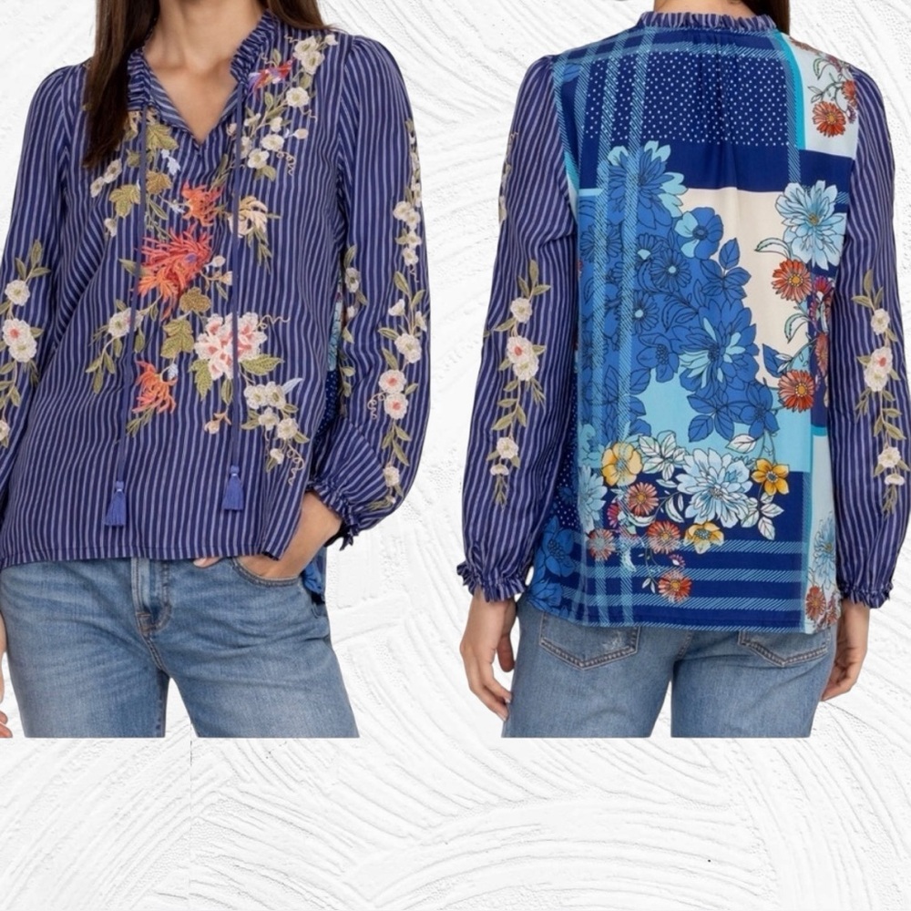 JOHNNY WAS Nalina Ruffle Scarf‎ Back Silk Blouse Lrg Boho Embroidered Floral
